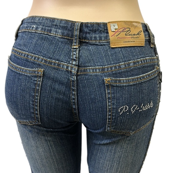 Platinum Plush Straight Leg Denim Studded Rhinestone Tuxedo Stripe Blue Jeans 7 - Picture 4 of 10